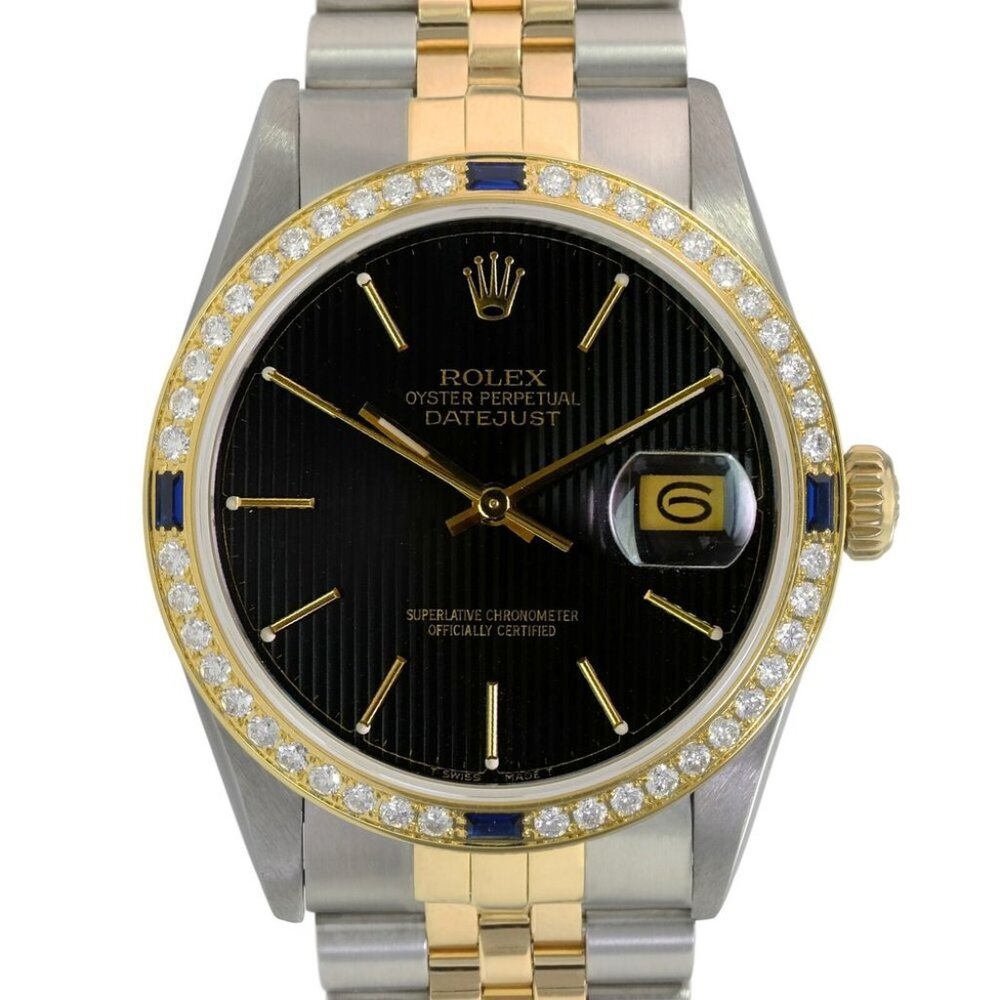 ROLEX DATEJUST BLACK TAPESTRY INDEX DIAL DIAMOND-SAPPHIRE JUBILEE TWO-TONE 16233